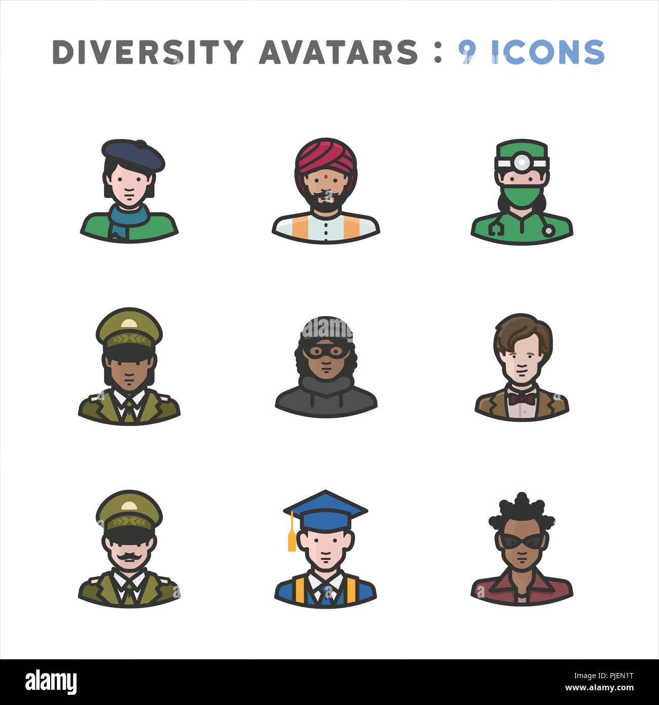 9 avatars représentant diverses cultures, religions et nationalités Illustration de Vecteur