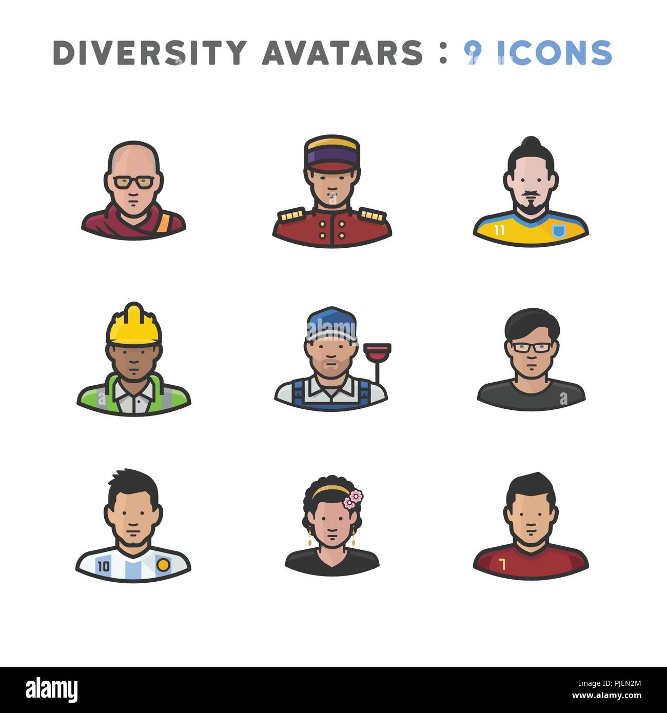9 avatars représentant diverses cultures, religions et nationalités Illustration de Vecteur