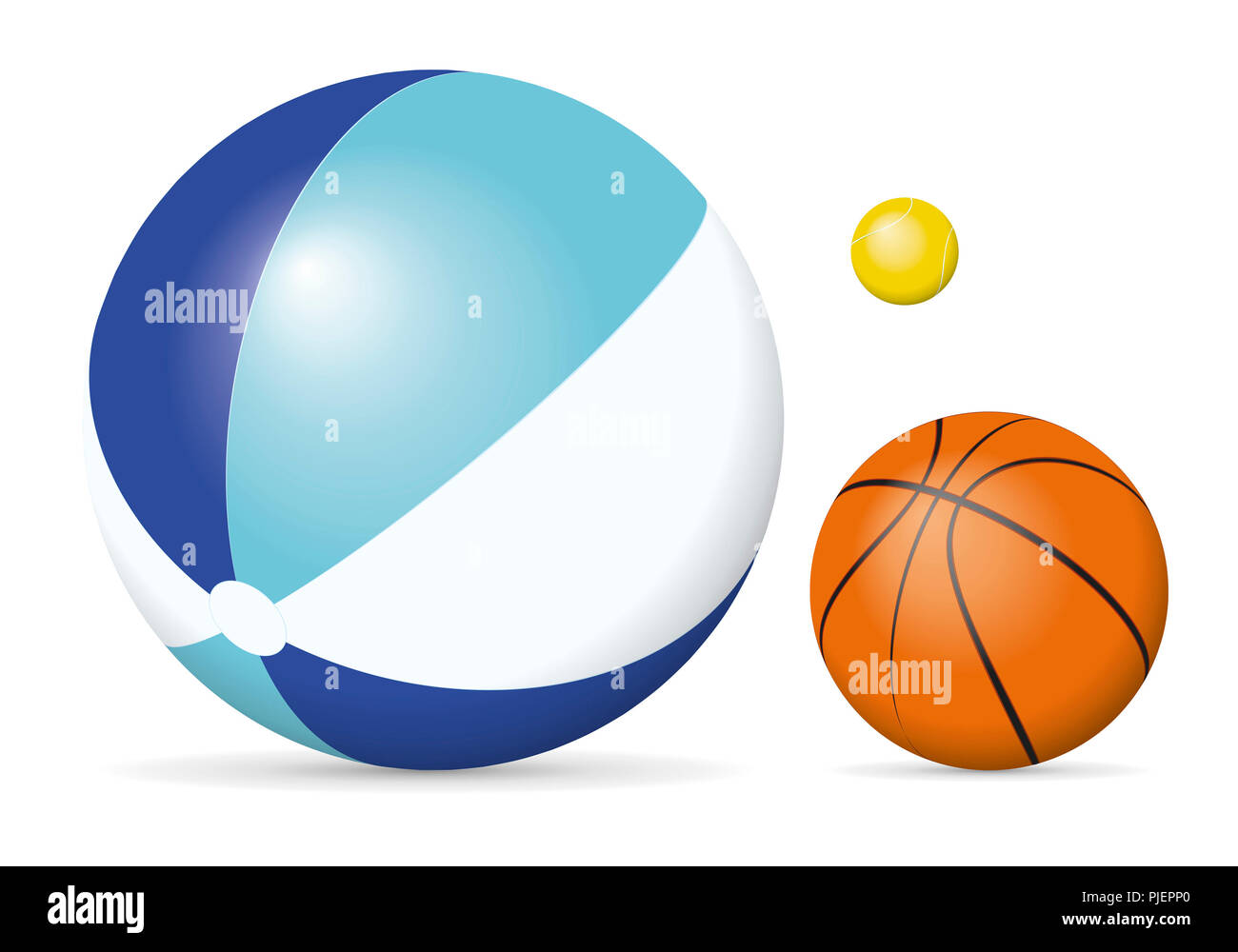 L'image d'un ballon de plage, balle de tennis et un terrain de basket Banque D'Images