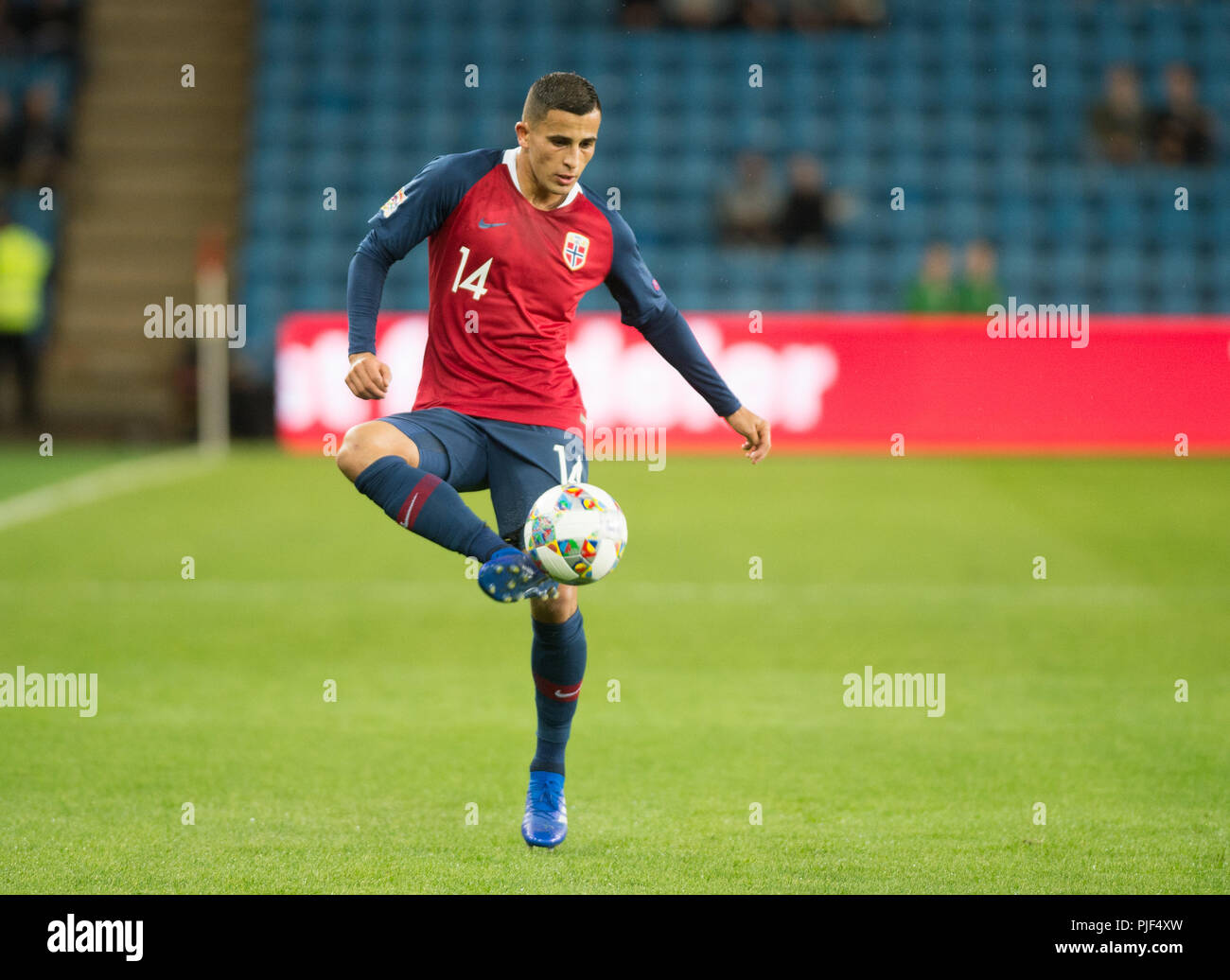 Norvège, Oslo - septembre 6, 2018. Omar Elabdellaoui (14) de la Norvège vu pendant le match de football de l'UEFA Ligue des Nations Unies entre la Norvège et de Chypre à l'Ullevaal Stadion. (Photo crédit : Gonzales Photo - Jan-Erik Eriksen). Gonzales : Crédit Photo/Alamy Live News Banque D'Images