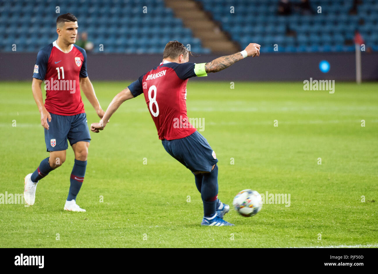 Norvège, Oslo - septembre 6, 2018. Stefan Johansen (8) de la Norvège marque son deuxième but durant le match de football de l'UEFA Ligue des Nations Unies entre la Norvège et de Chypre à l'Ullevaal Stadion. (Photo crédit : Gonzales Photo - Jan-Erik Eriksen). Gonzales : Crédit Photo/Alamy Live News Banque D'Images