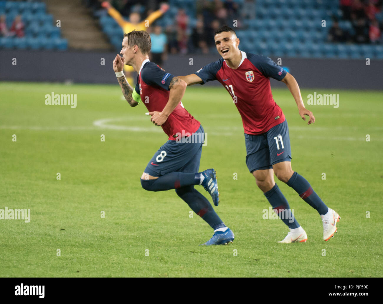Norvège, Oslo - septembre 6, 2018. Stefan Johansen (8) de la Norvège marque son deuxième but durant le match de football de l'UEFA Ligue des Nations Unies entre la Norvège et de Chypre à l'Ullevaal Stadion. (Photo crédit : Gonzales Photo - Jan-Erik Eriksen). Gonzales : Crédit Photo/Alamy Live News Banque D'Images