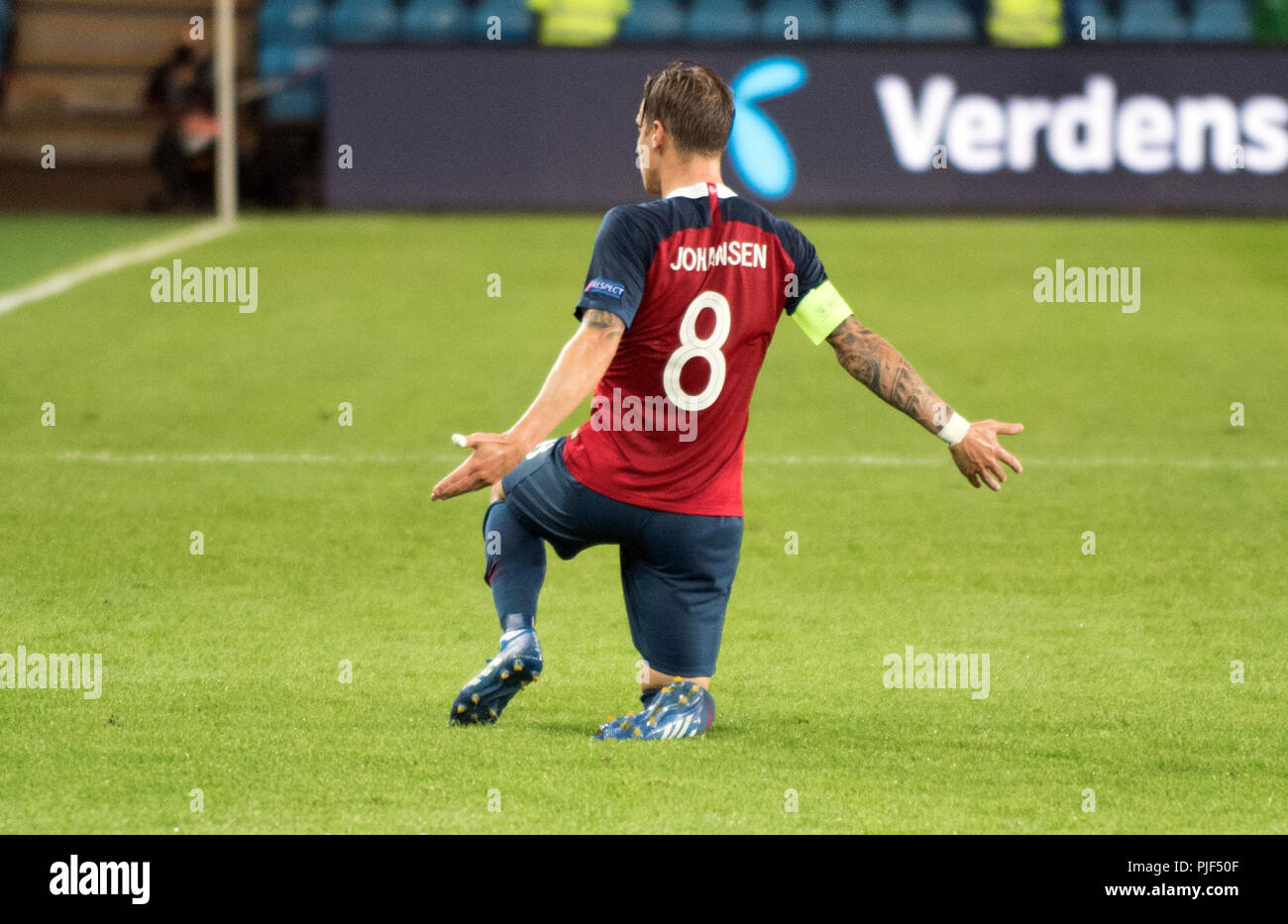 Norvège, Oslo - septembre 6, 2018. Stefan Johansen (8) de la Norvège marque son deuxième but durant le match de football de l'UEFA Ligue des Nations Unies entre la Norvège et de Chypre à l'Ullevaal Stadion. (Photo crédit : Gonzales Photo - Jan-Erik Eriksen). Gonzales : Crédit Photo/Alamy Live News Banque D'Images