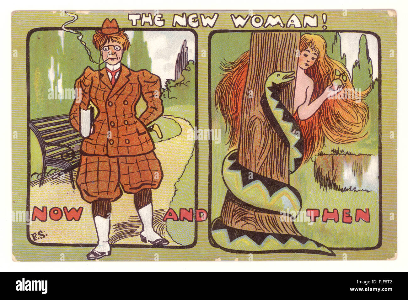 Carte postale satirique antisuffragette ou féministe, vers 1910, femme portant un pantalon, R.-U. Banque D'Images