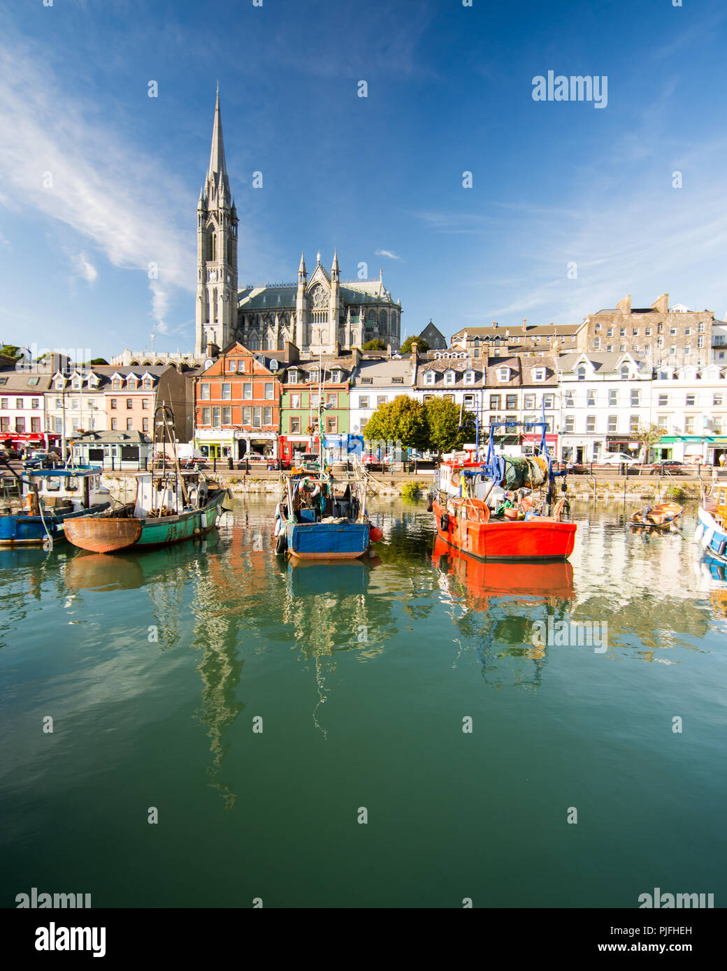 Cork, Irlande - Septembre 15, 2016 : La forme dominante de la cathédrale Saint-colman s'élève au-dessus des rues en terrasses et bateaux de pêche colorés de la s Banque D'Images
