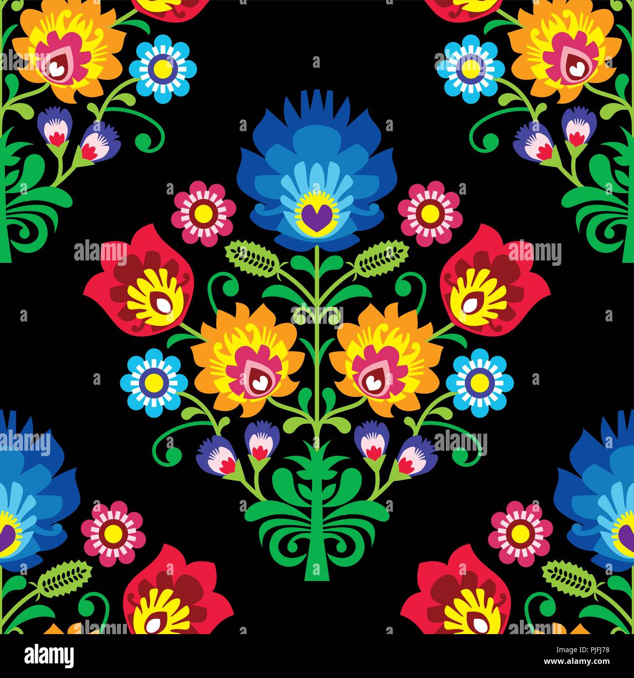 Seamless vector art populaire - motif traditionnel polonais conception répétitives avec des fleurs - wycinanki lowickie. Floral background Retro, coloré slaves te Illustration de Vecteur