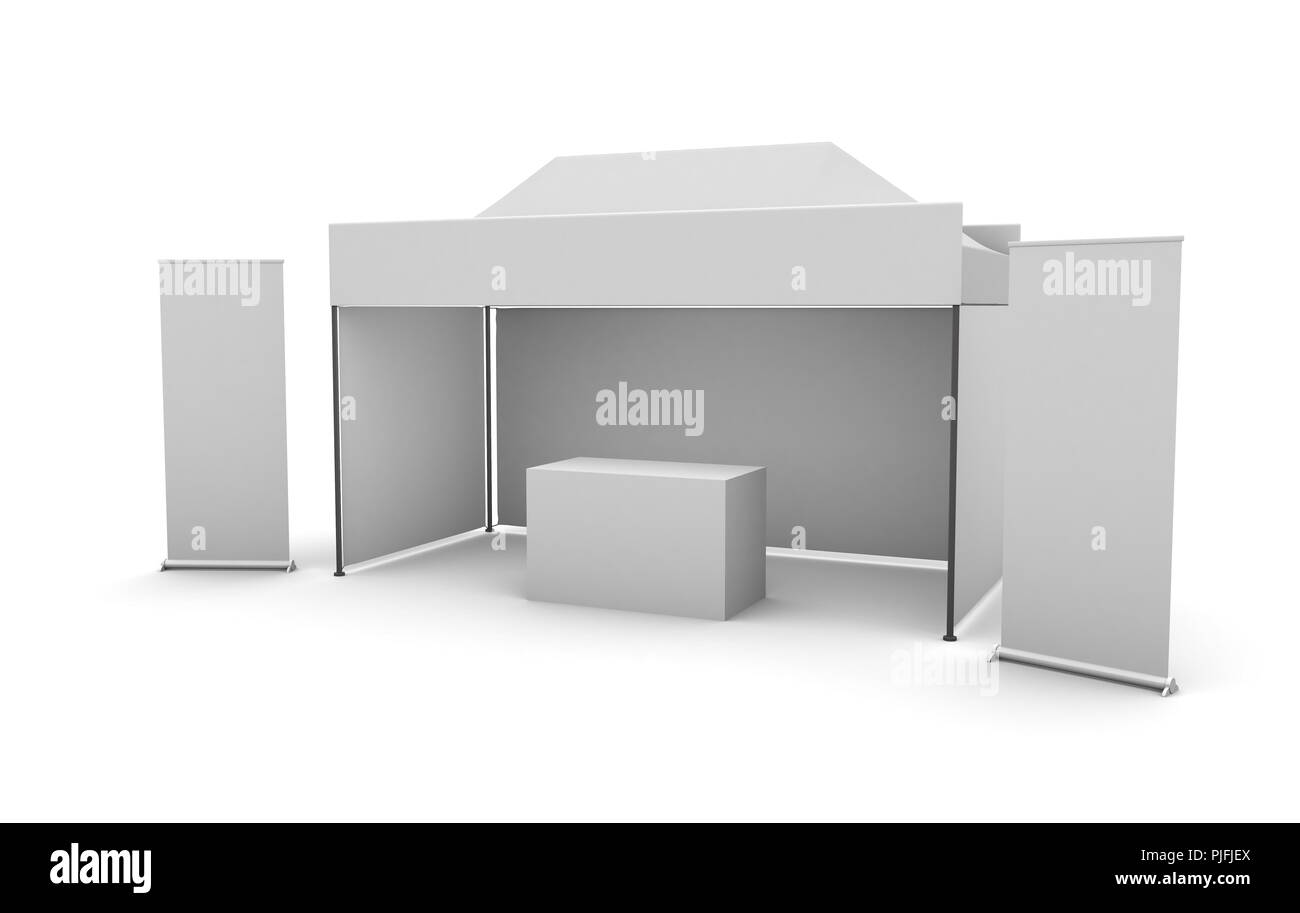 Événement extérieur promotion Trade Show immersive avec auvent tente, rouler et du compteur. Le rendu 3D Banque D'Images