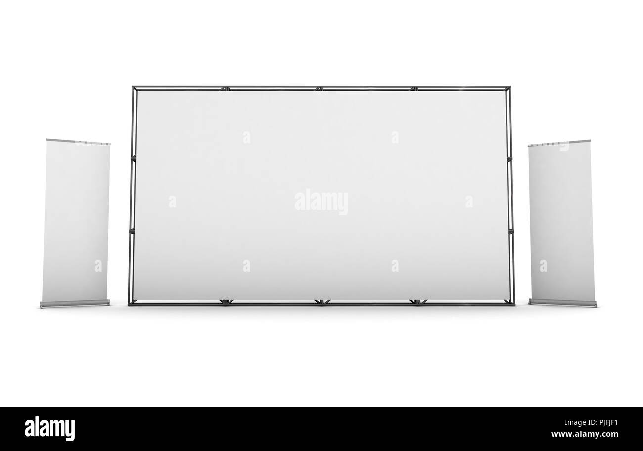Tout droit jusqu'à la tension de l'exposition de maquettes pour rouleau salon stand publicitaire. Le rendu 3D Banque D'Images