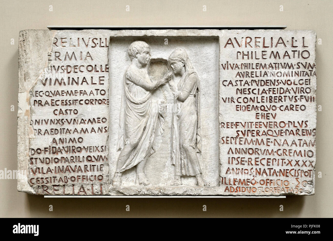 Inscrit Relief funéraire sculpture d'Aurèle Hermia et femme Philematum Aurelia - c80BC) d'une tombe par la Via Nomentana, Rome. British Museum, Banque D'Images