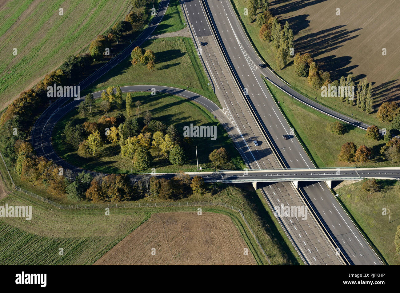 Vue aérienne , l'autoroute A6, l'exchangeur Ury, Seine et Marne, France Banque D'Images