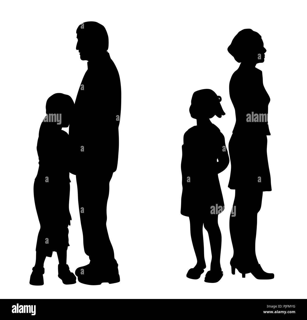 Les parents qui divorcent avec deux triste malheureux enfants Illustration de Vecteur