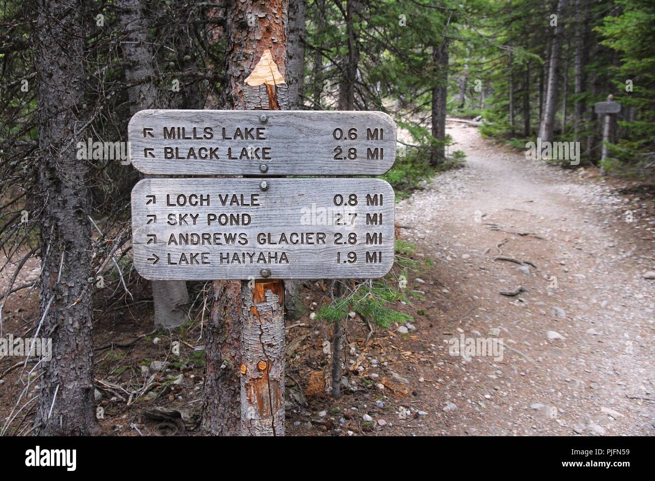 Parc National des Montagnes Rocheuses au Colorado, USA. Signes Trail de Mills Lake, Lac Noir, Lac et glacier Andrews. Haiyaha Banque D'Images