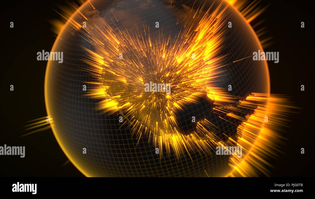 Dark Earth globe rougeoyant avec détails et les rayons lumineux. 3d illustration Banque D'Images