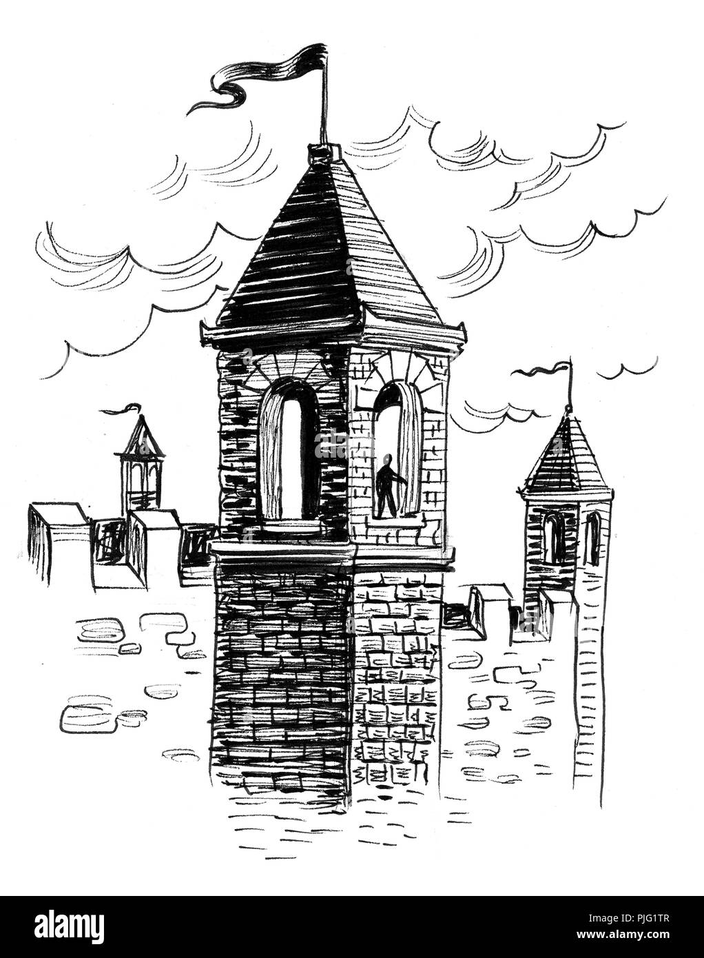 Ancien Château Avec Une Tour Dessin Noir Et Blanc Encre