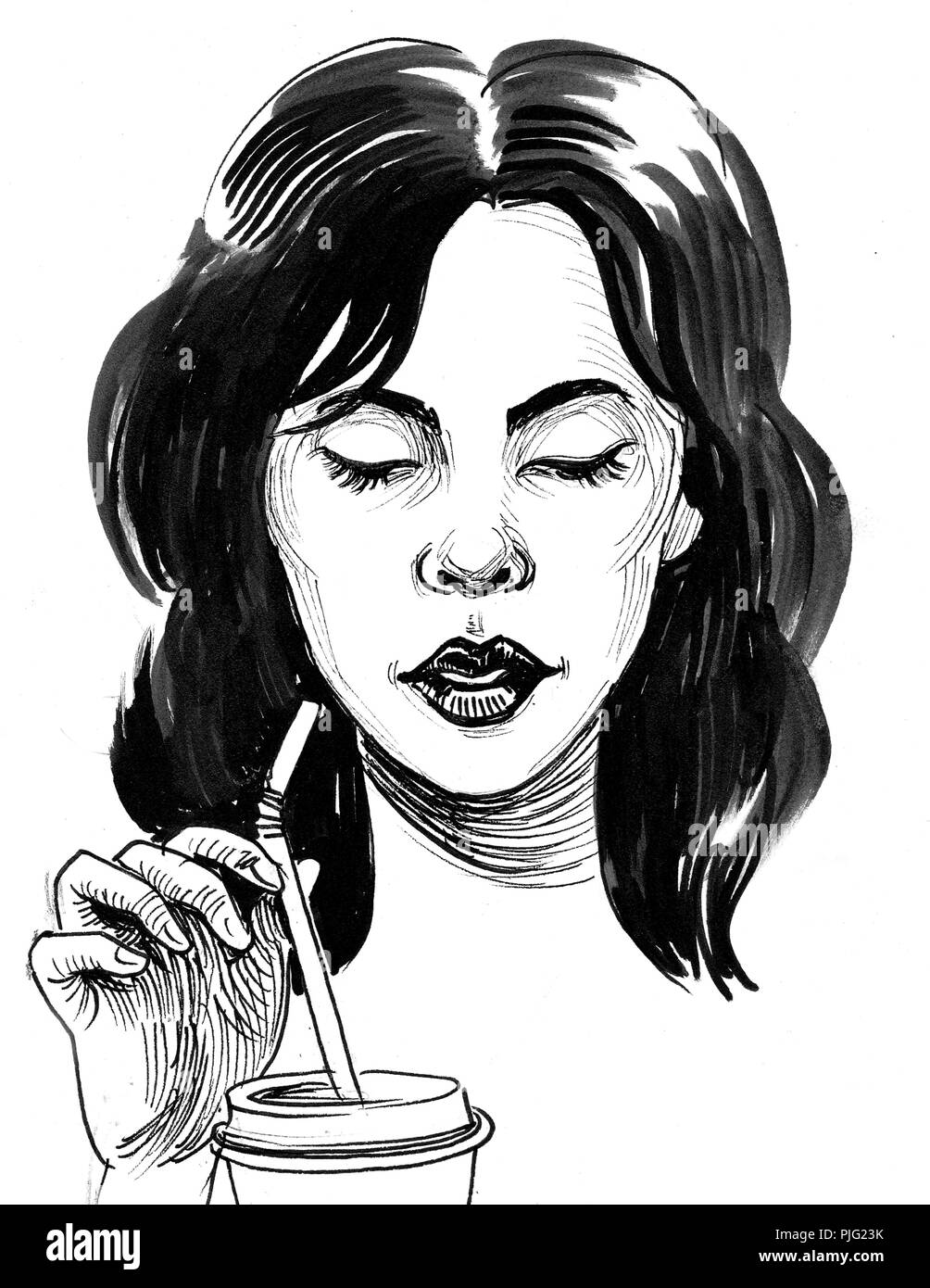 Jolie femme à boire avec une paille. Illustration noir et blanc Encre Banque D'Images