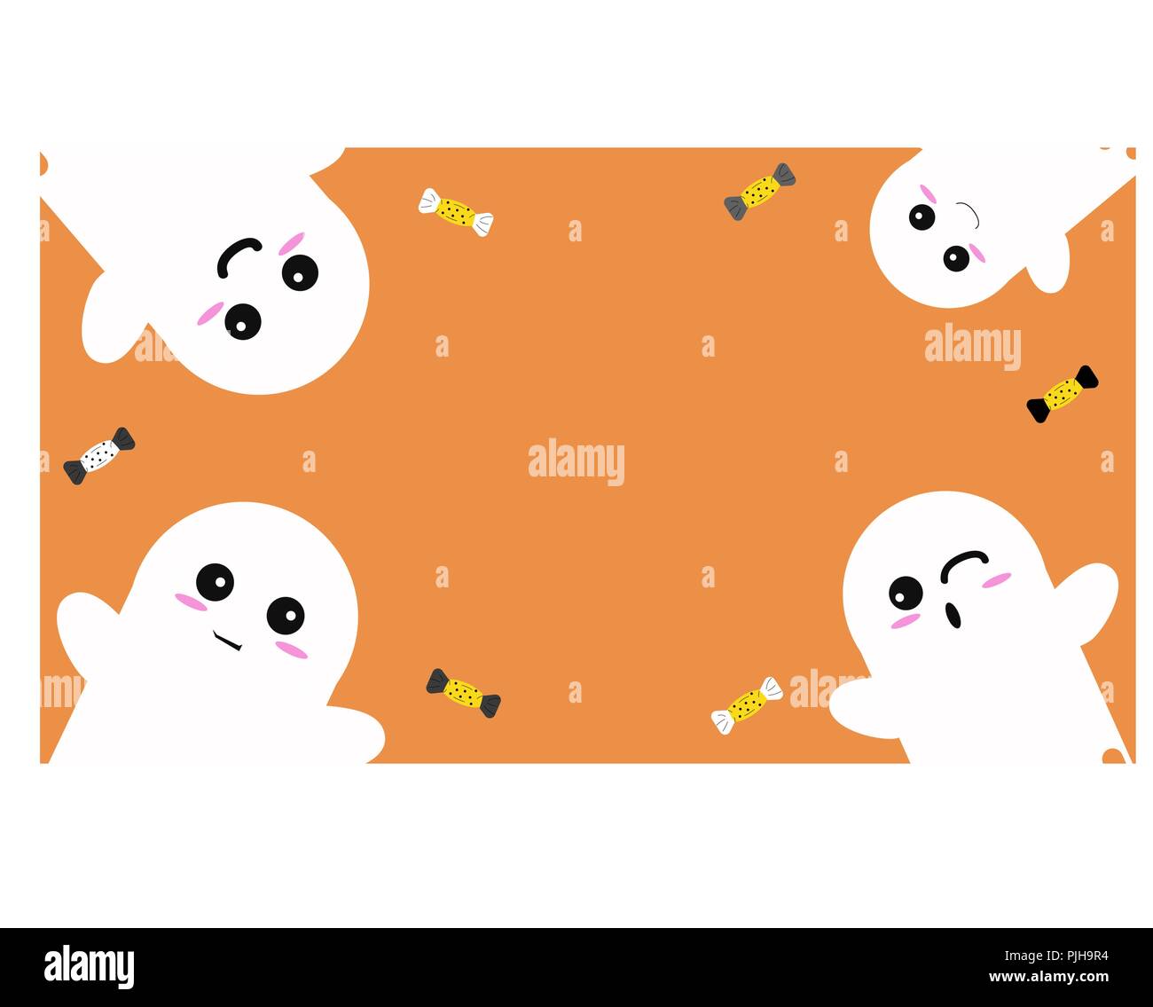 Happy Halloween Background avec Mignon fantômes et The Go Vector Illustration. Ornements Halloween sur fond orange. Illustration de Vecteur