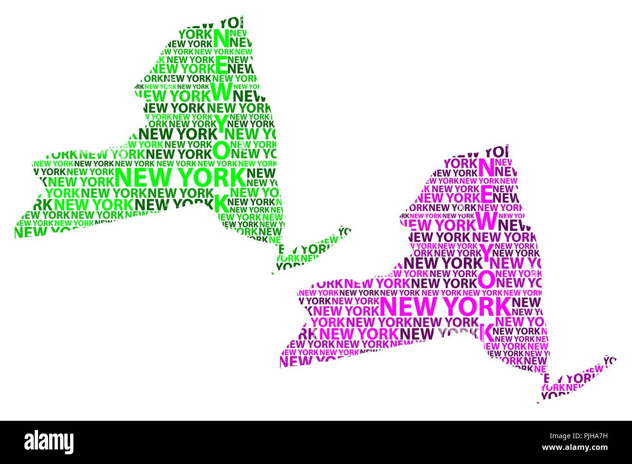 Croquis de New York (États-Unis d'Amérique) lettre du texte, New York voir la carte - sous la forme du continent, Site New York (État) - vert et violet vect Illustration de Vecteur