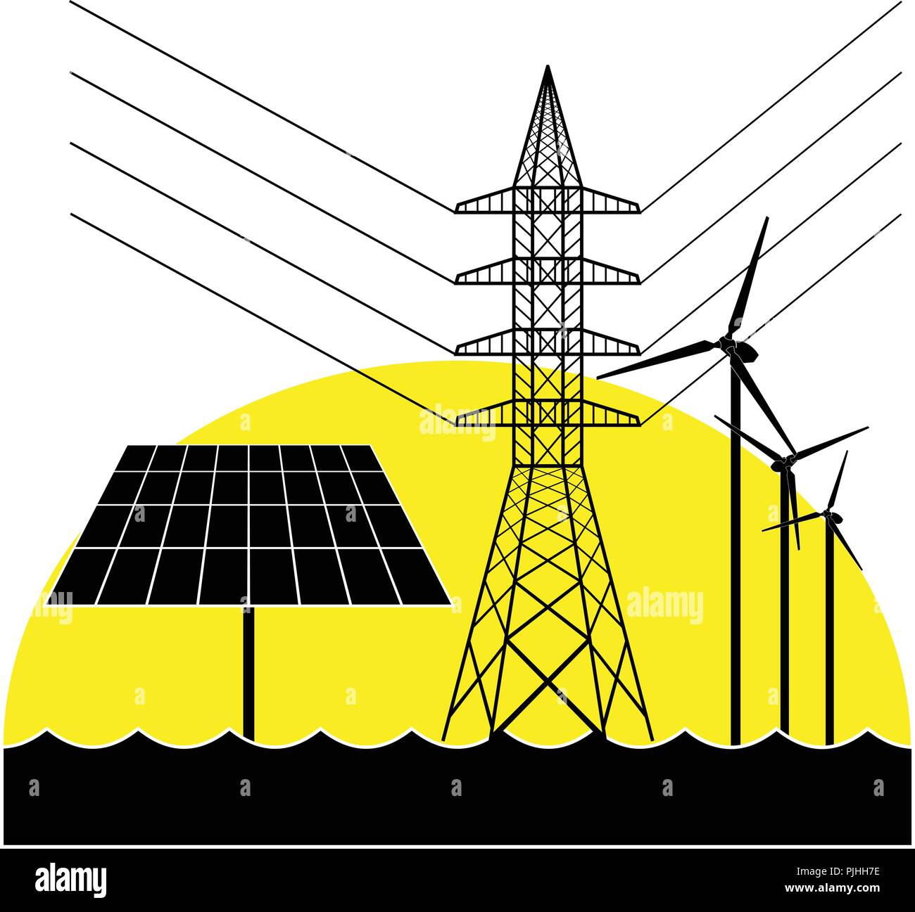 Silhouettes de l'électricité, pylône panneau solaire et éoliennes. Illustration de Vecteur