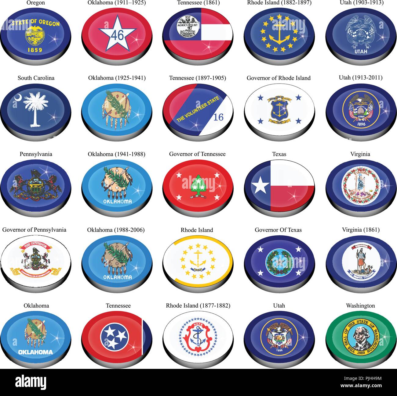 Ensemble d'icônes. États et territoires de l'USA drapeaux. Illustration de Vecteur