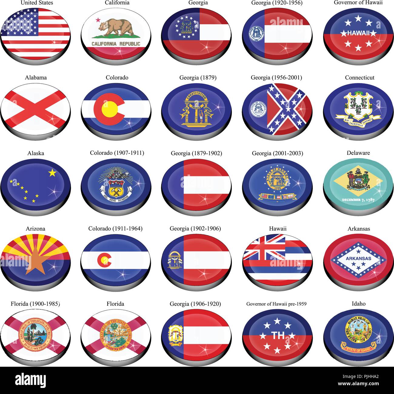 Ensemble d'icônes. États et territoires de l'USA drapeaux. Illustration de Vecteur