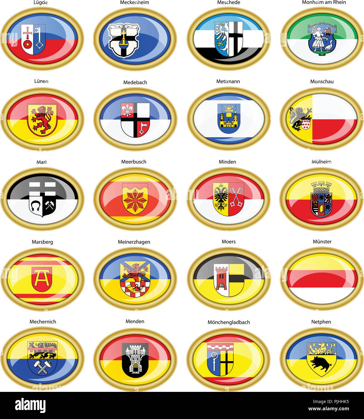 Ensemble d'icônes. Drapeaux des villes allemandes (Rhénanie du Nord-Westphalie). Vecteur. 3D. Illustration de Vecteur