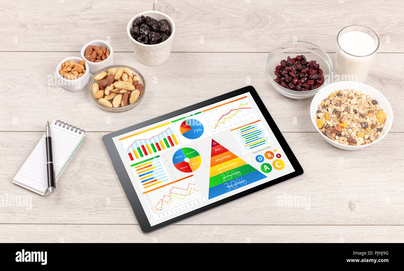 Concept de saine alimentation - close up of tablet avec plusieurs régimes statistiques Banque D'Images