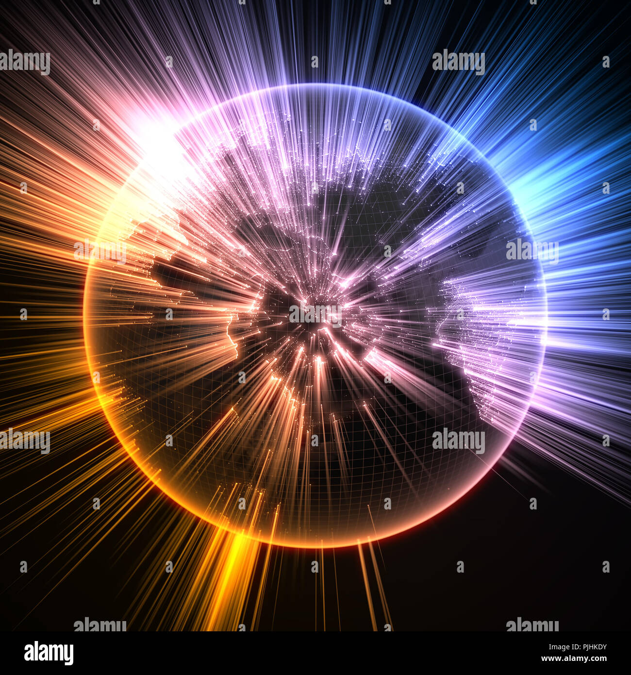 Dark Earth globe rougeoyant avec détails et les rayons lumineux. 3d illustration Banque D'Images