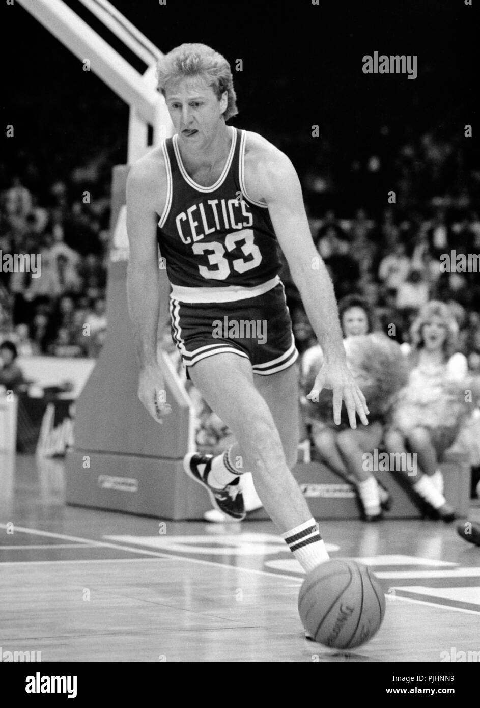 Boston Celtics Hall of Famer Larry Bird apporte la balle contre les Chicago Bulls lors d'une partie du Chicago Stadium en 1985. Banque D'Images