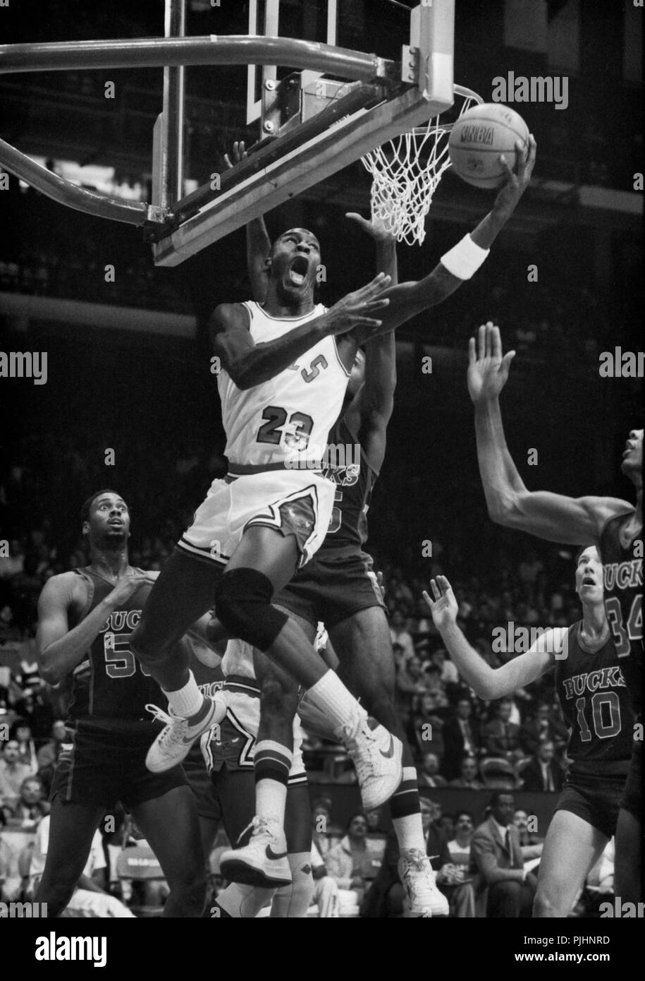 Star de la NBA Michael Jordan des Chicago Bulls en action contre les Milwaukee Bucks en 1984. Banque D'Images