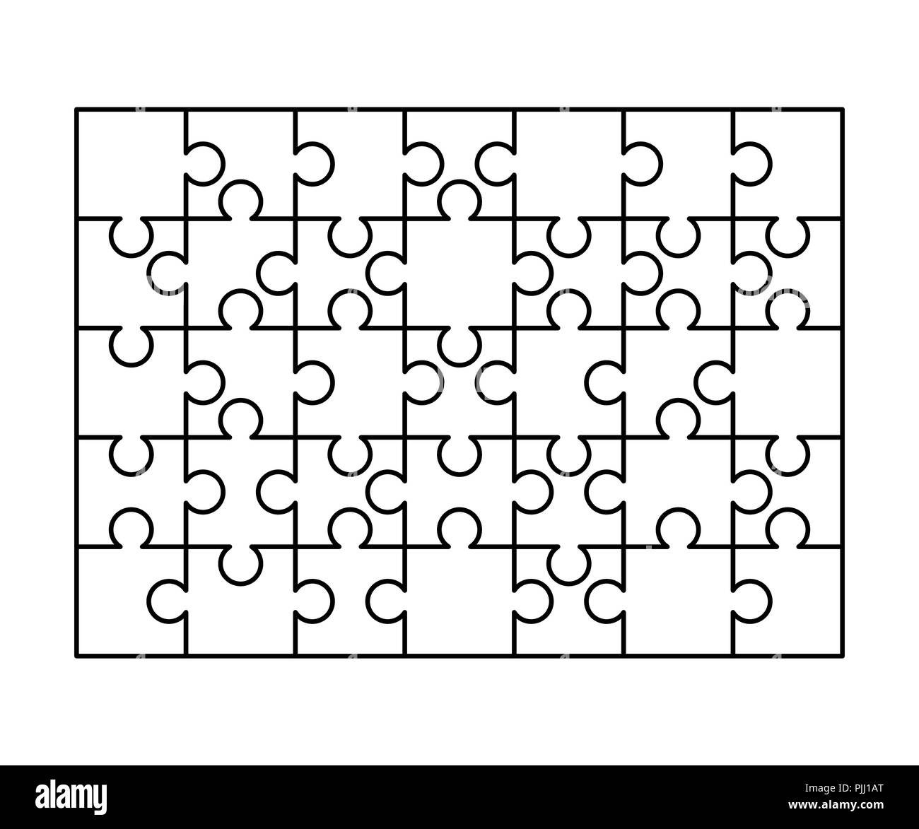 35 pièces puzzles blancs disposés en forme d'un rectangle. Modèle Puzzle prêt à imprimer. Lignes directrices coupe isolated on white Illustration de Vecteur