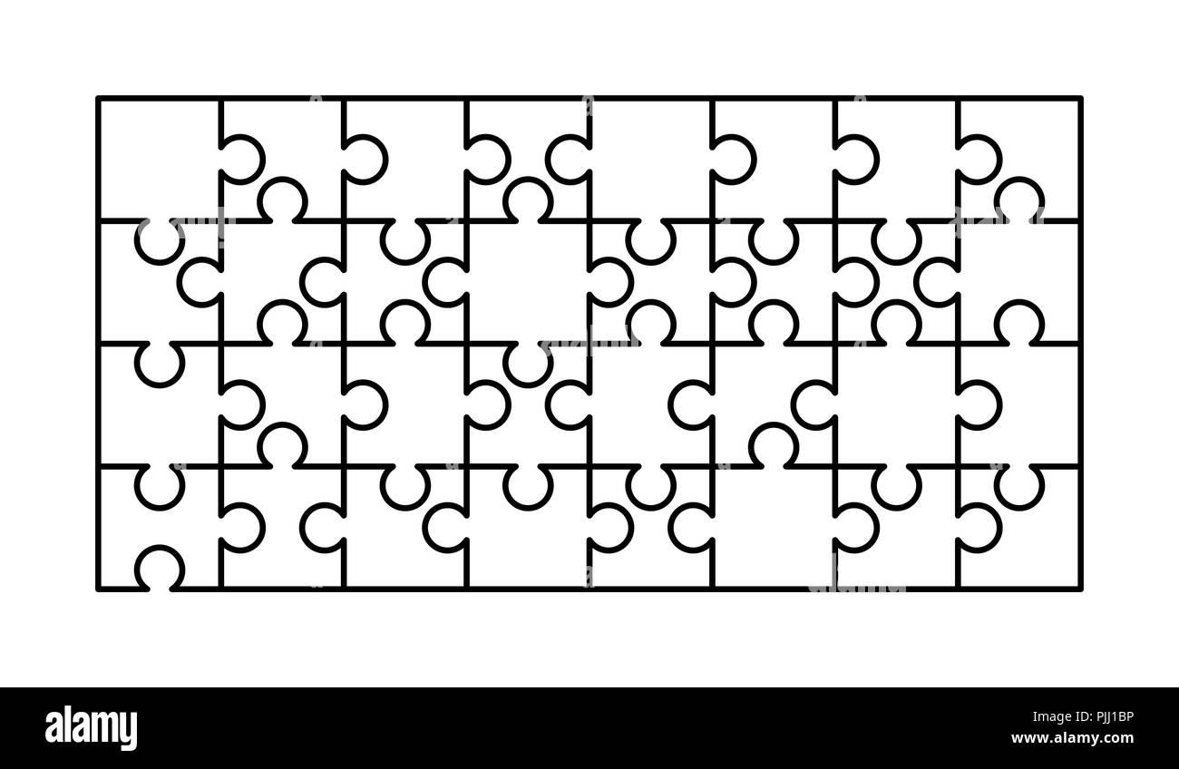 32 pièces puzzles blancs disposés en forme d'un rectangle. Modèle Puzzle prêt à imprimer. Lignes directrices coupe isolated on white Illustration de Vecteur