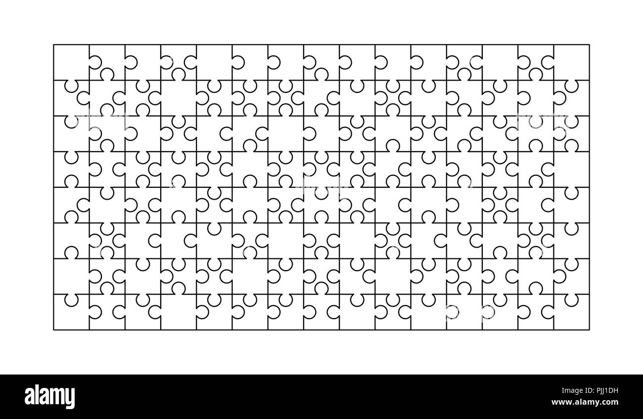 150 pièces puzzles blancs disposés en forme d'un rectangle. Modèle Puzzle prêt à imprimer. Lignes directrices coupe isolated on white Illustration de Vecteur