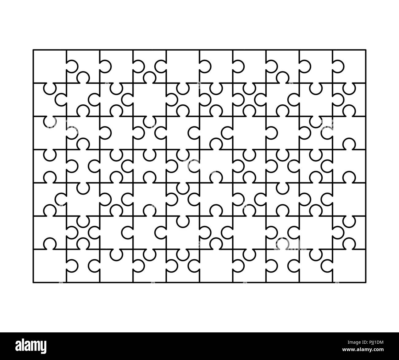 81 pièces puzzles blancs disposés dans un carré. Modèle Puzzle prêt à imprimer. Lignes directrices coupe isolated on white Illustration de Vecteur