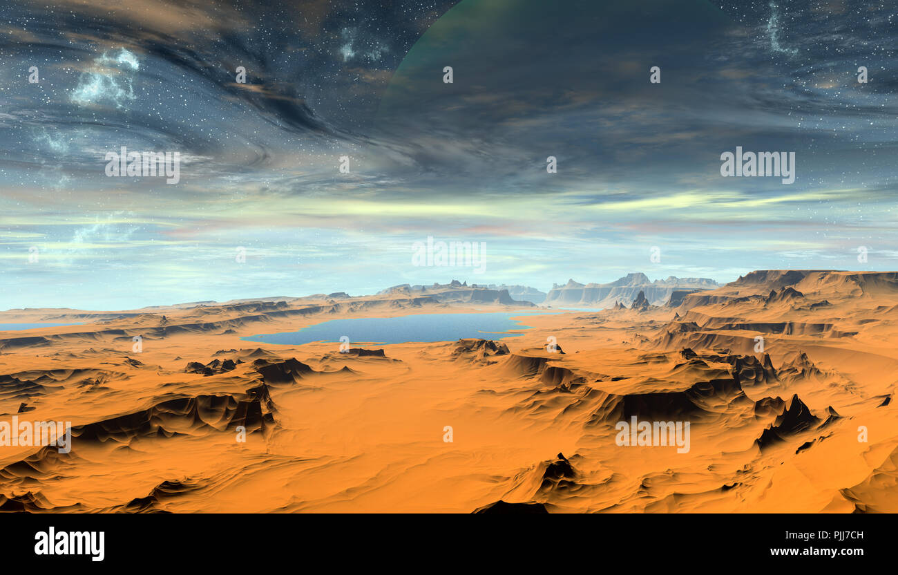 Planète extra de fantaisie. L'eau et la montagne. 3D illustration Banque D'Images