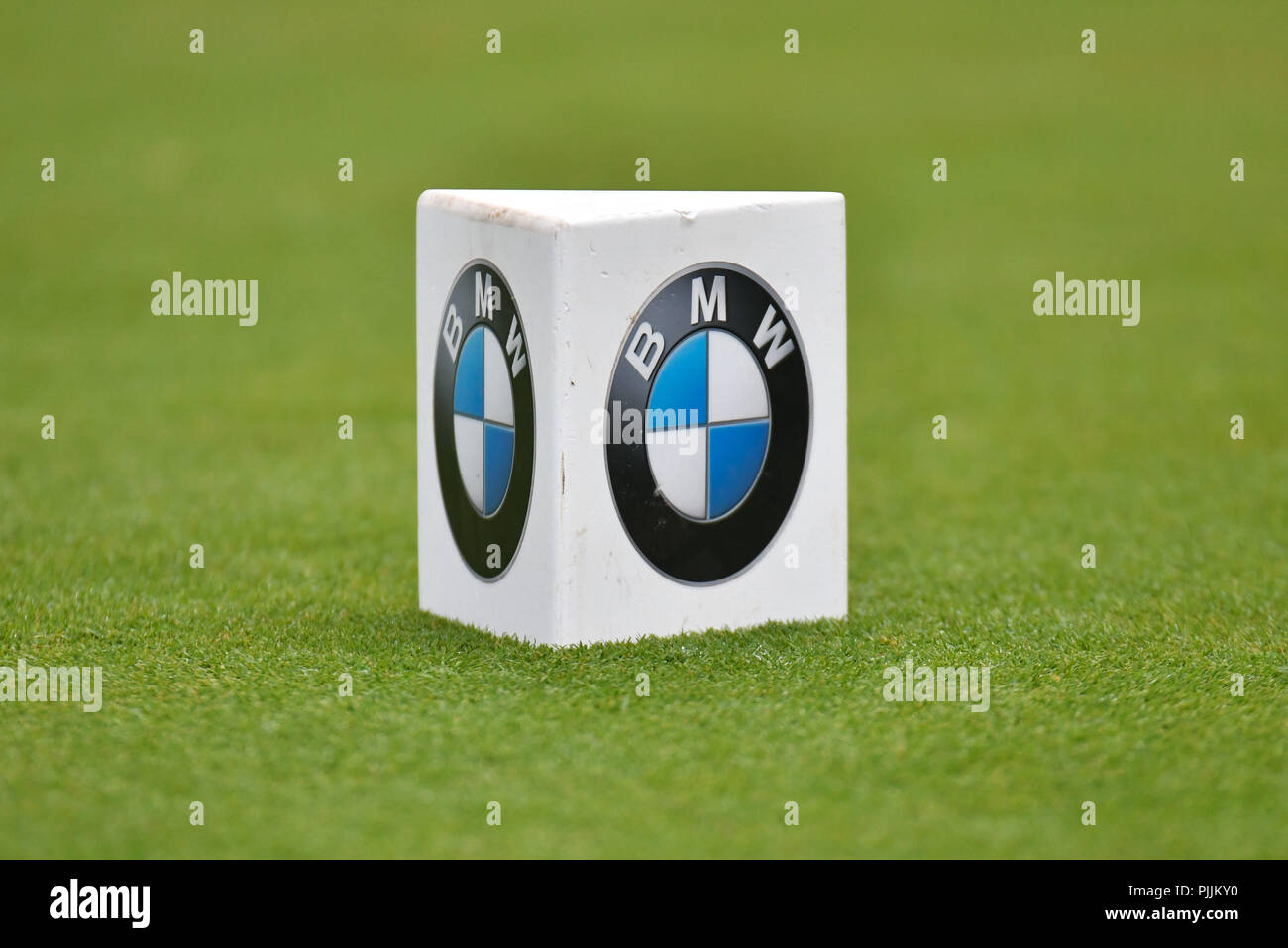 Newtown Square, Pennsylvanie, USA : Vendredi 7 Septembre 2018 : une boîte de pièce en t du marqueur à Aronimink BMW Championship Golf Course à Newtown Square, Pennsylvanie. Gregory Vasil/CSM Crédit : Cal Sport Media/Alamy Live News Banque D'Images