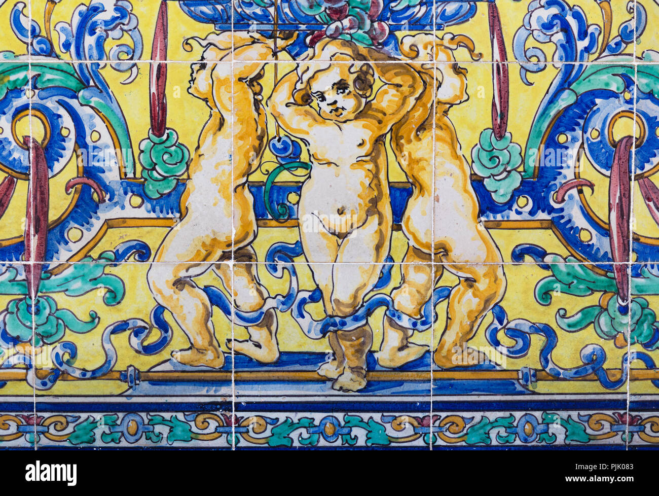 Les carreaux en céramique de Trois putti. Datant de la fin du xixe siècle. Malaga, Espagne. Banque D'Images