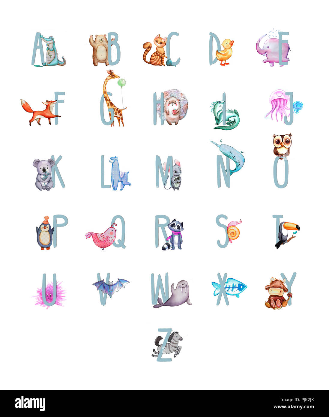 Lettre de l'alphabet des animaux - A-Z . Amusant de l'Alphabet avec les animaux aquarelle Banque D'Images