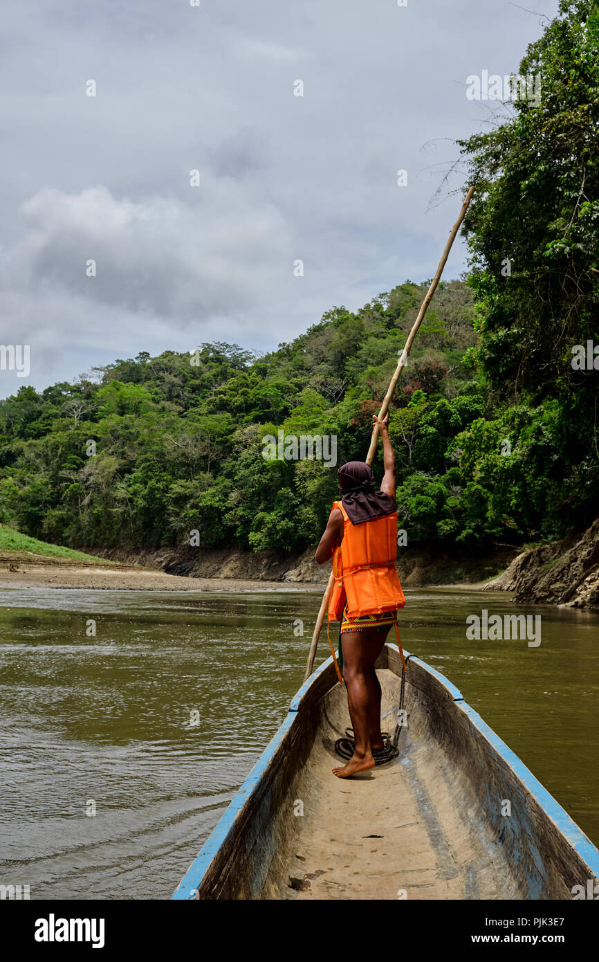 Le parc national de Chagres, Panama - 22 Avril 2018 : Les Autochtones Embera homme volant une pirogue le long de la rivière Banque D'Images