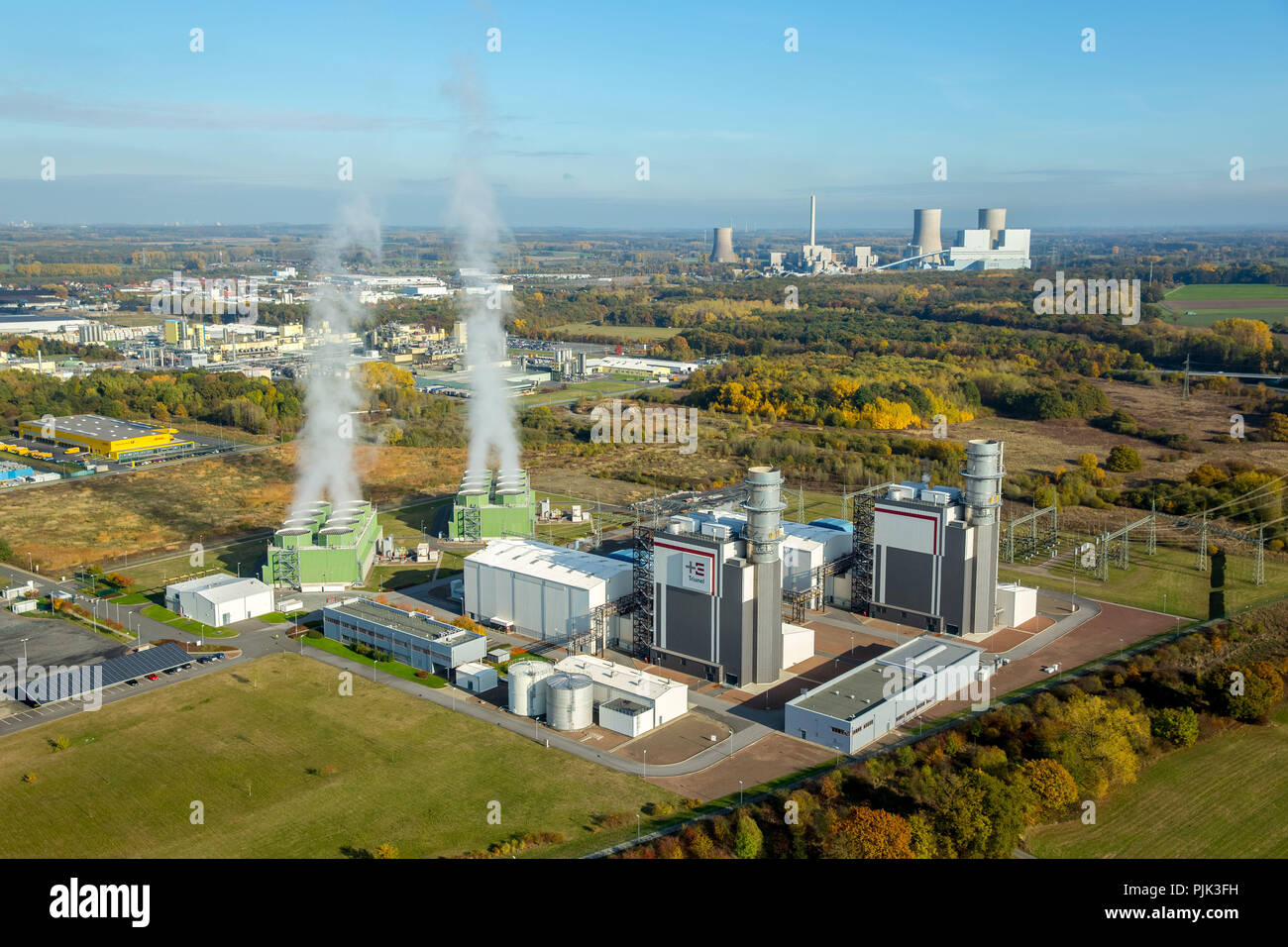 Vue aérienne, Trianel centrale à gaz Hamm GmbH & Co. KG, UG, nuage de fumée, de la vapeur d'eau à turbine à gaz, à l'opération, Hamm, Ruhr, Rhénanie du Nord-Westphalie, Allemagne Banque D'Images