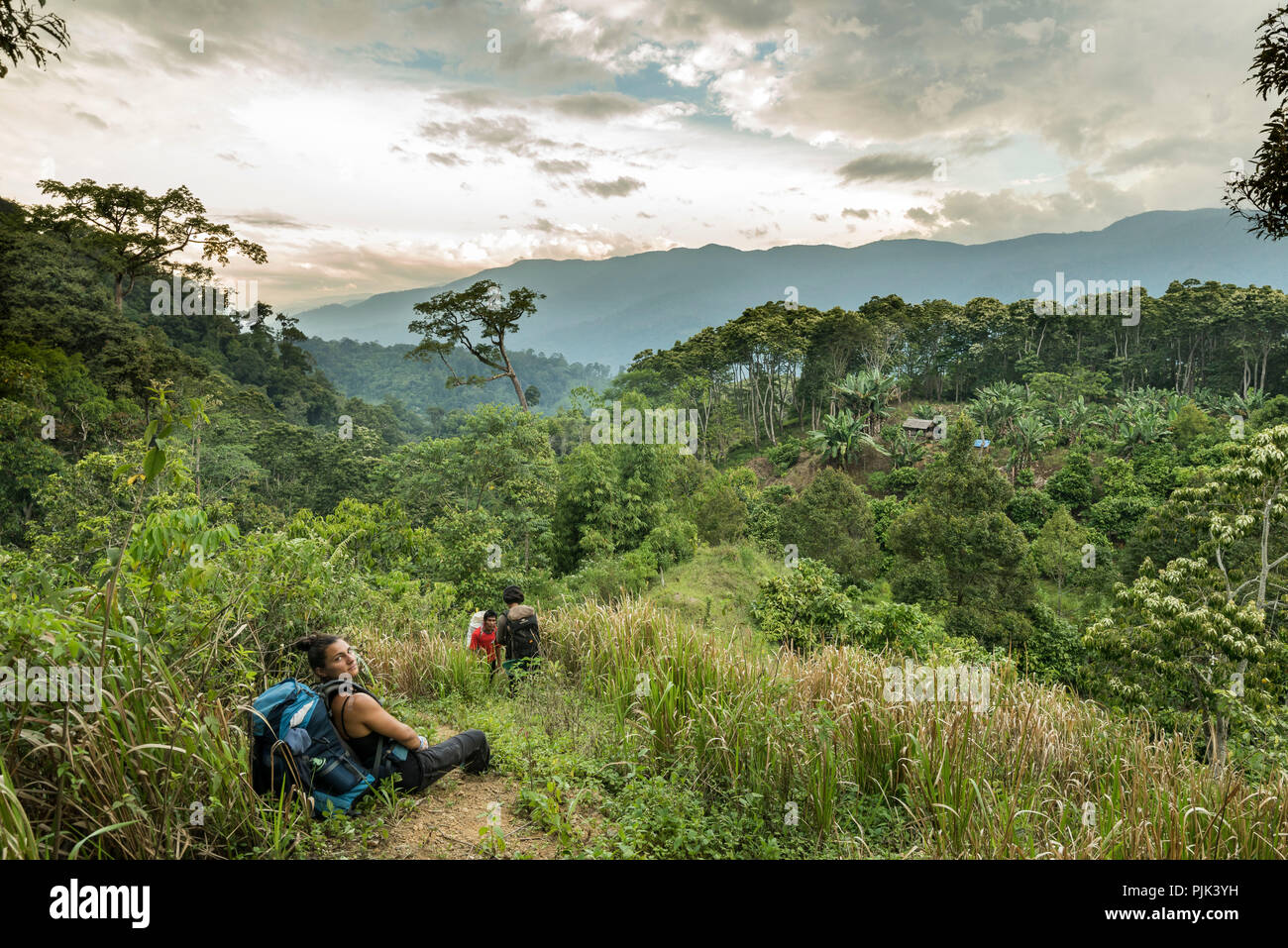 Jeune femme à l'arrière pendant une pause de la randonnée sur le bord de parc national de Gunung Leuser, dans l'appareil photo, Banque D'Images