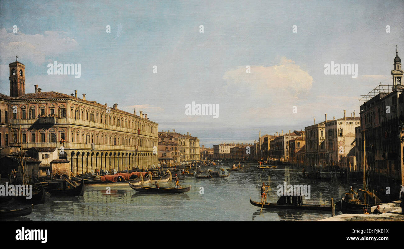 Bernardo Bellotto, Canaletto a appelé le jeune (1721-1780). Peintre italien. Canal Grande à Venise, vue vers le nord à proximité de Pont du Rialto, 1741-1743. Musée Wallraf-Richartz. Cologne. L'Allemagne. Banque D'Images