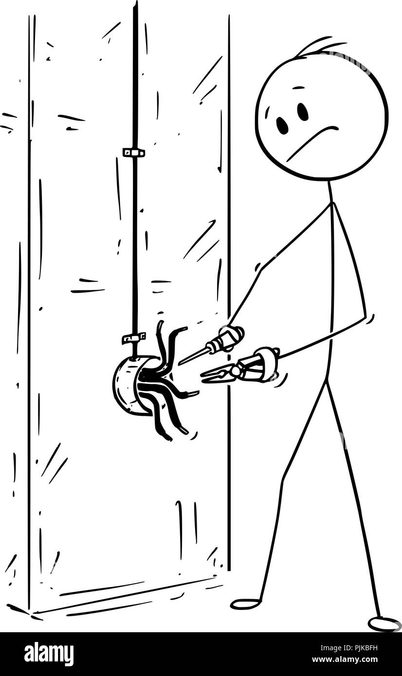Caricature de l'homme ou l'électricien travaillant sur des conducteurs électriques et câblage Illustration de Vecteur