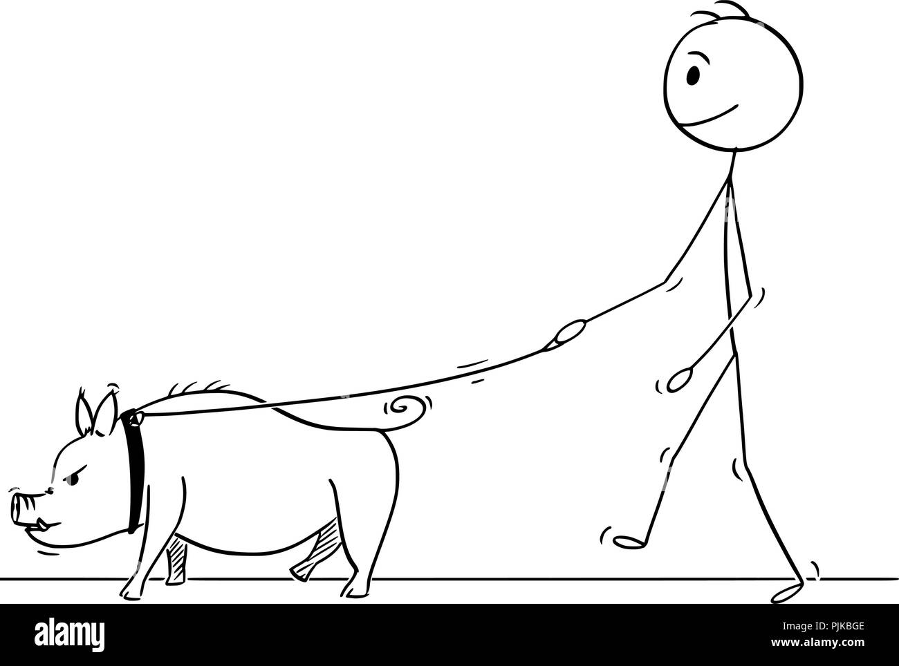 Caricature de l'homme marchant avec cochon en laisse. Illustration de Vecteur