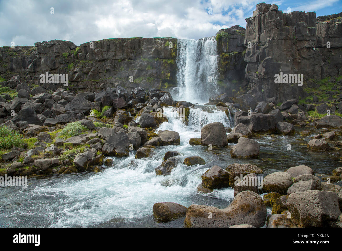 L'Islande, le Golden Circle, Þingvellir, Öxarárfoss, cascade, Sunshine Banque D'Images