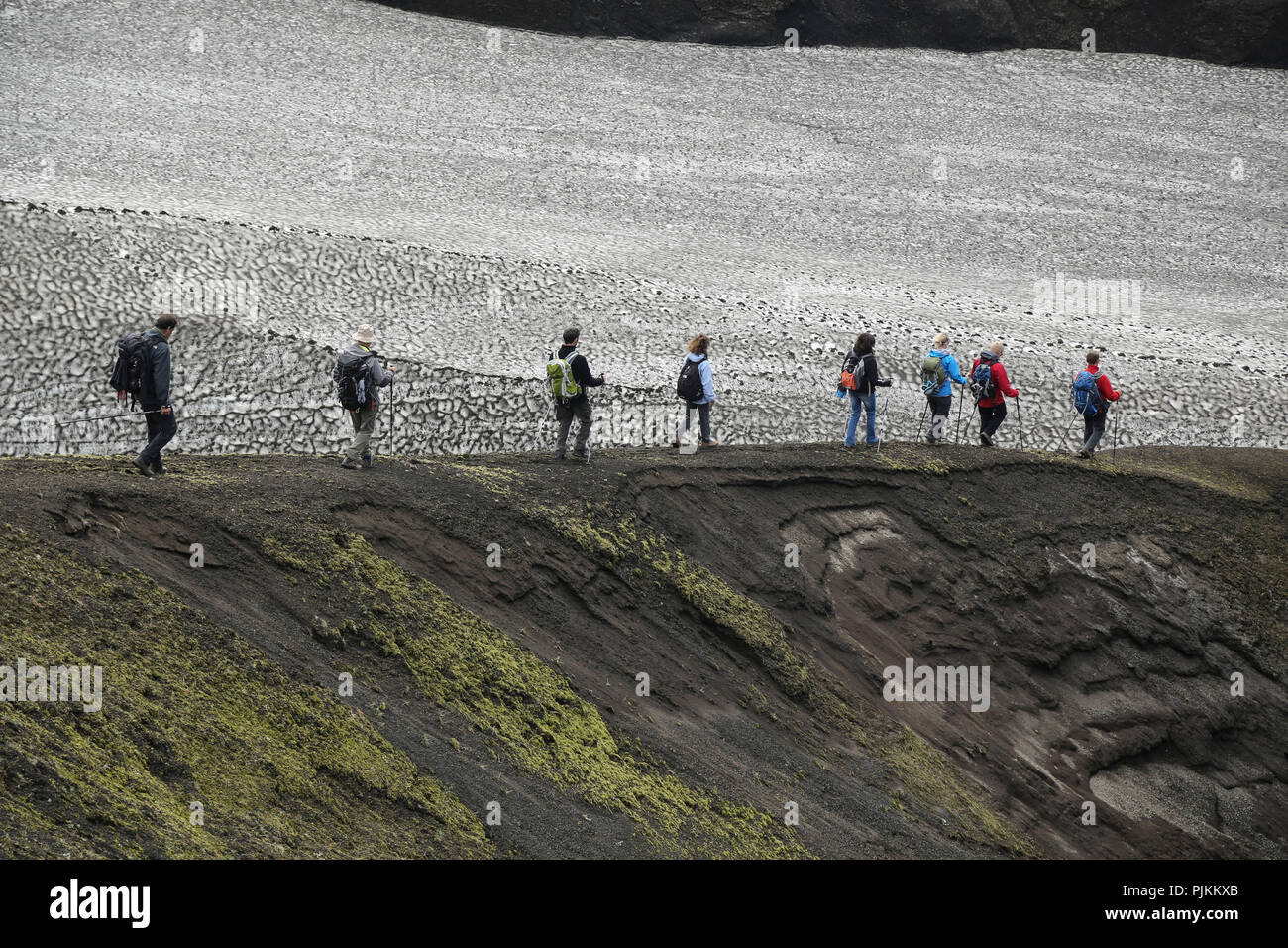 L'Islande, la randonnée groupe en face de lave gris cendré, champ de neige Banque D'Images