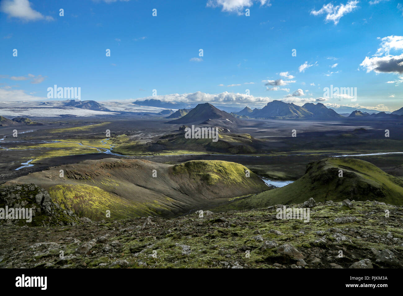 L'Islande, le sud de l'Islande, désert, paysage volcanique, Green Hills, Maellifellsandur glacier Myrdals, vue de Banque D'Images