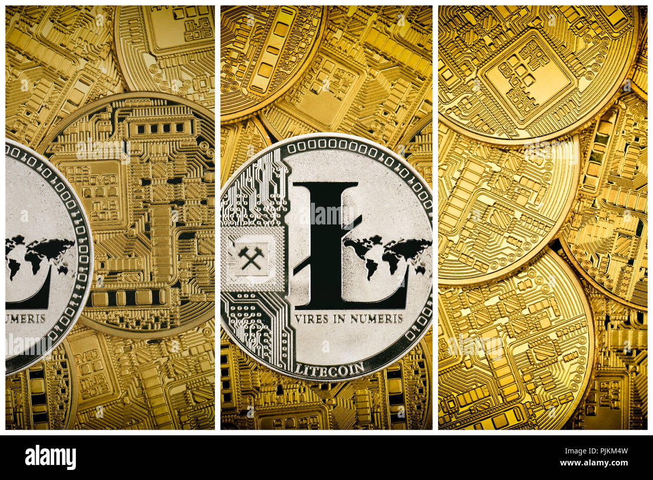 Image symbolique de la monnaie numérique, pièce d'argent litecoin parmi des pièces physiques d'or Banque D'Images