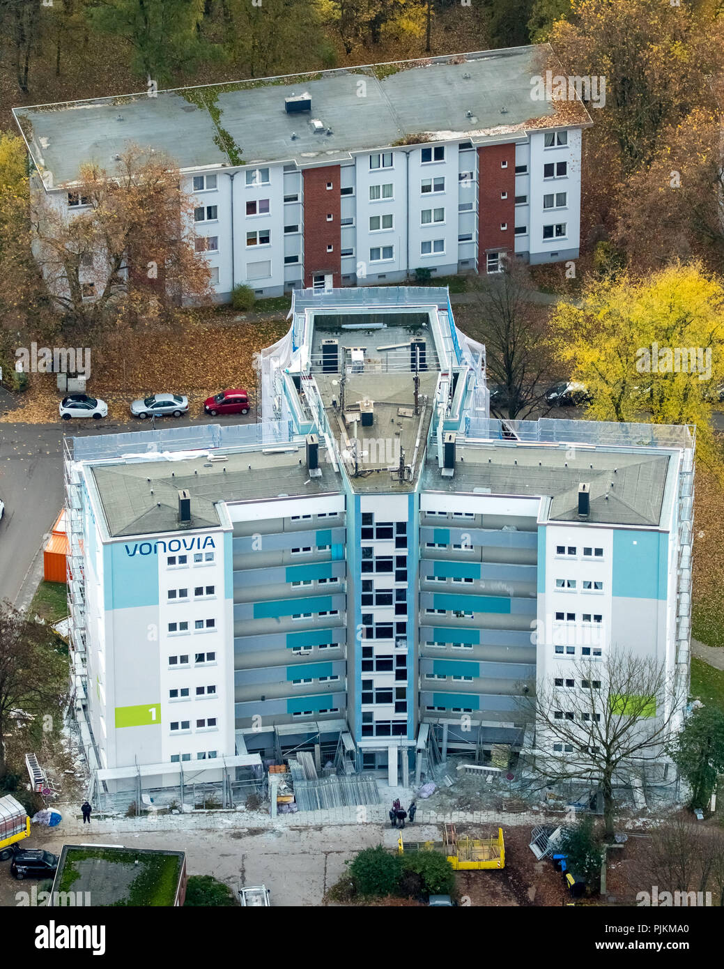 VONOVIA Rénovation immeuble de grande hauteur et de règlement, le logement social Narzissenstraße, location d'appartements, de la Ruhr, Bochum, Rhénanie du Nord-Westphalie, Allemagne Banque D'Images