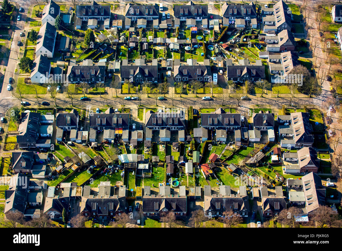 Règlement de mineur Moseler Straße, l'exploitation minière, les cours d'établissement avec jardins, Heimgarten, bloquer le développement, Lippestrasse, Marienburger Straße, arrière-cour, d'affectations, de mineur, de règlement historique Moers, Ruhr, Bas-rhin, Rhénanie du Nord-Westphalie, Allemagne Banque D'Images