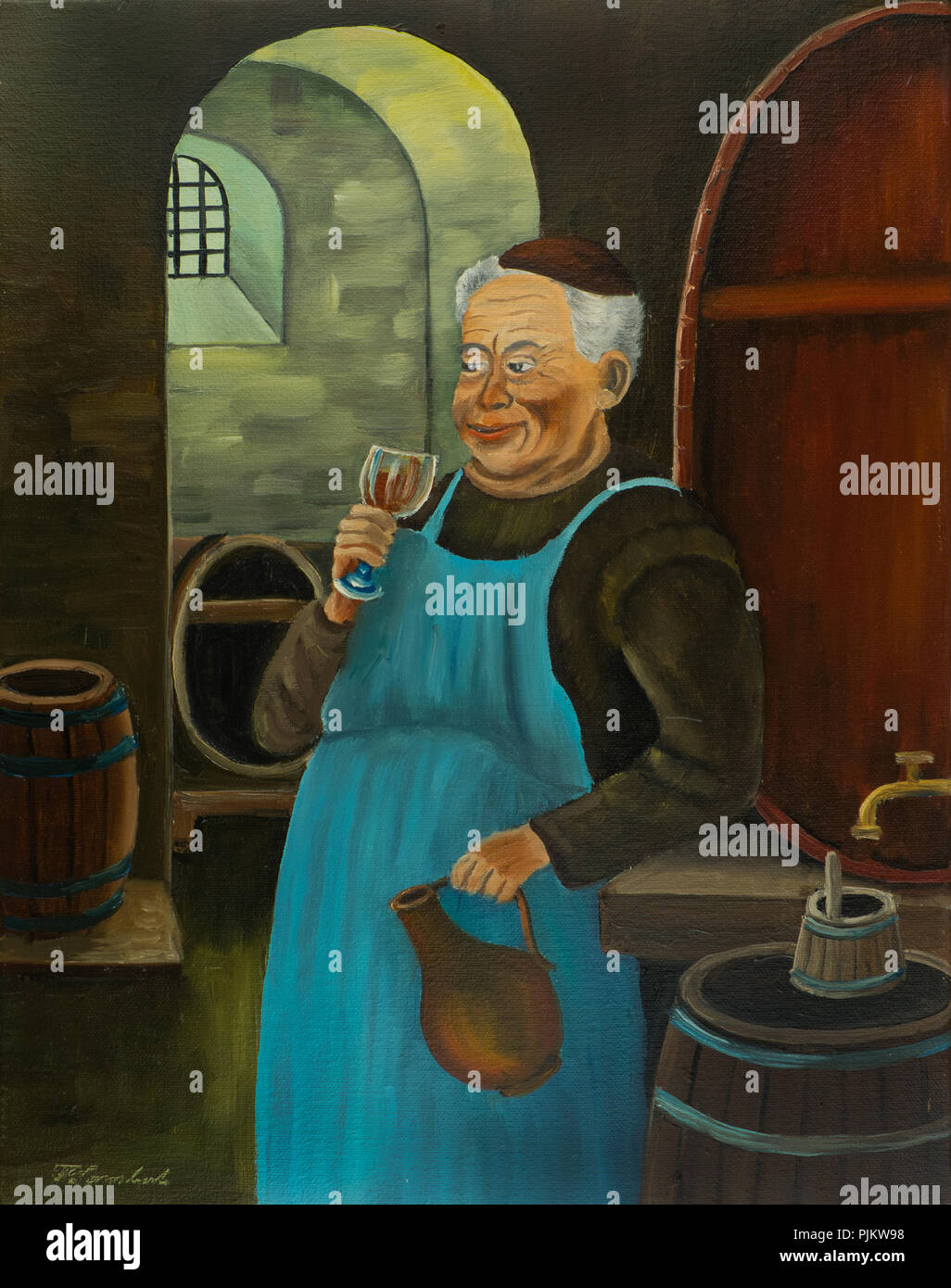 Peinture à l'huile d'un franciscain avec un tablier bleu de boire un verre de vin ou de bière dans la cave Banque D'Images